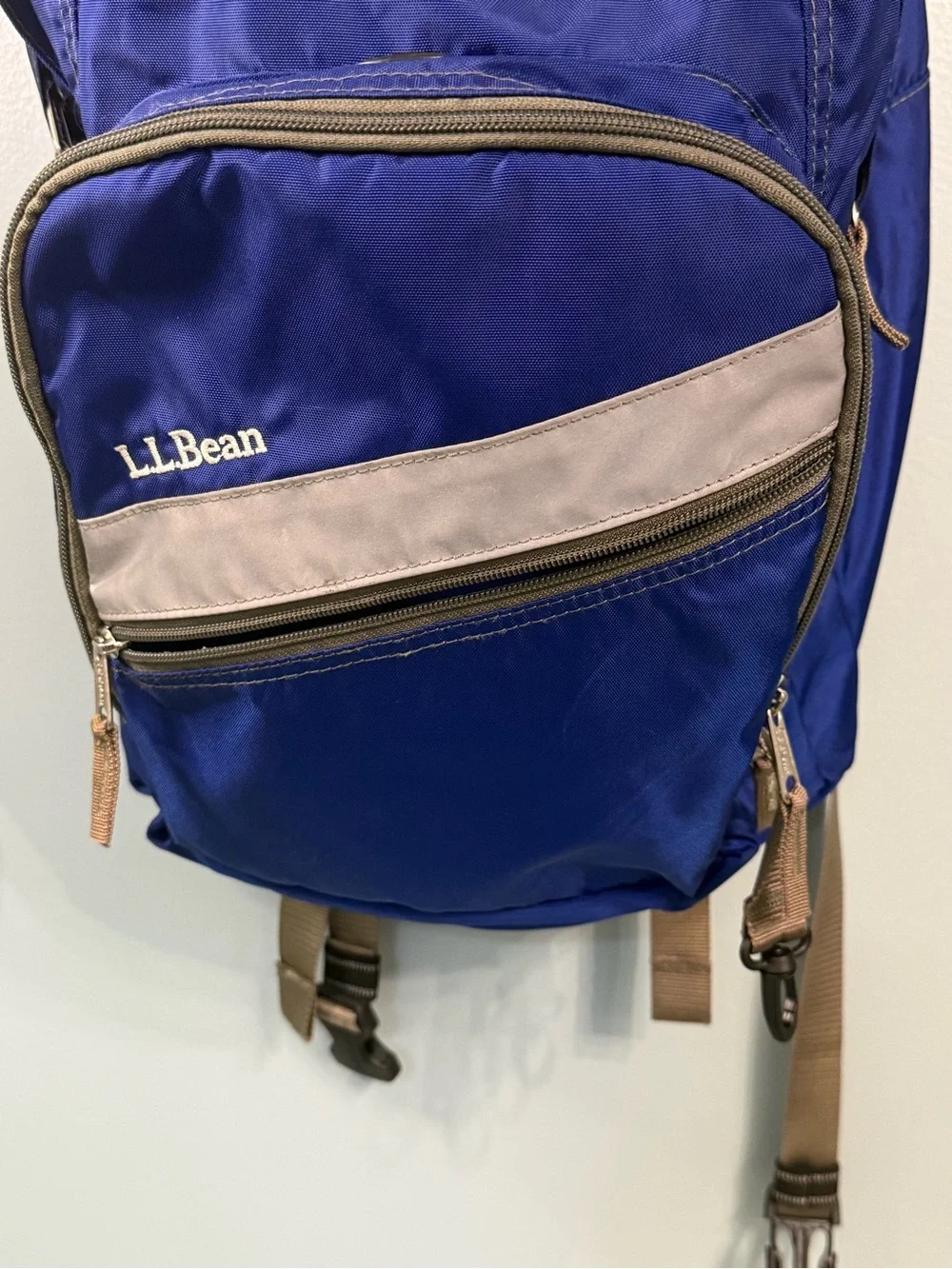 L.L. Bean Blue Deluxe Backpack Tan Accents 3M Scotchlite Reflective Multi Pocket